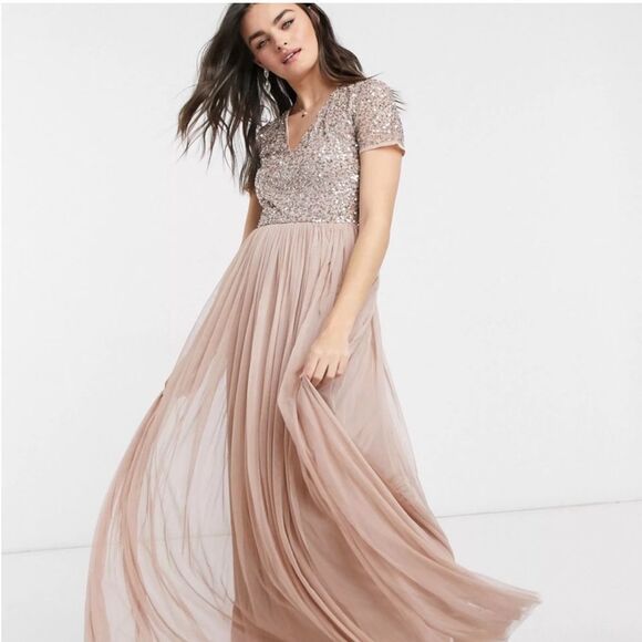 ASOS Maternity- Maya Deluxe Maxi Sequin Short Sleeve Tulle Bottom Dress- Size 4 - Picture 1 of 14